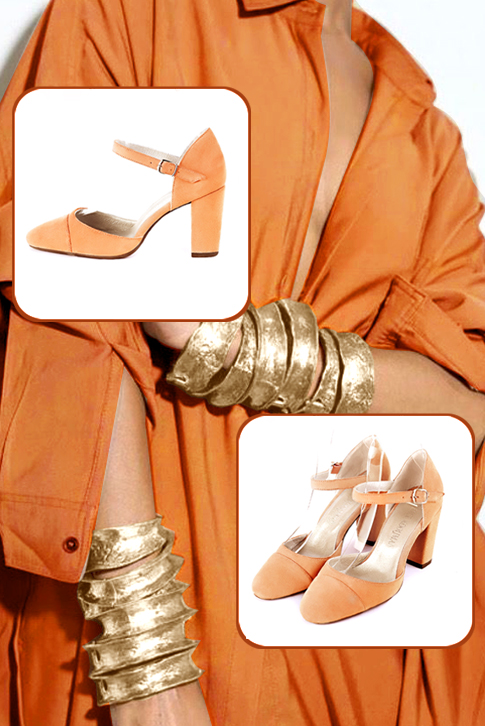 Women's marigold orange elegant closed-back heels, with an instep strap. Round toe. High block heels - Worn view
